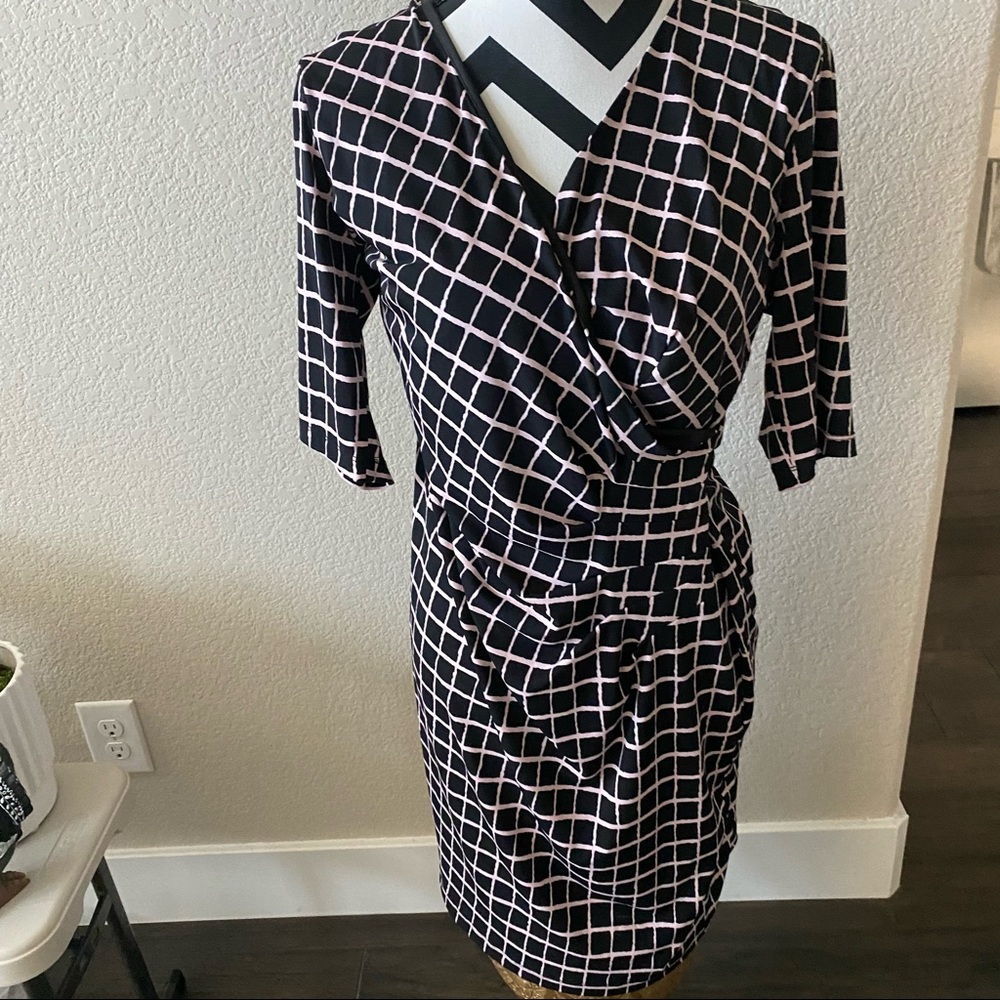 connected apparel || windowpane faux wrap dress